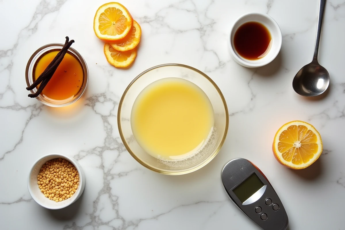 Vue aérienne des ingrédients aromatisants pour pâte à bombe : vanille, agrumes, café sur marbre blanc
