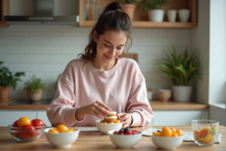 Jeune femme examine des desserts sains dans une cuisine moderne