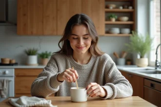 Jeune femme en sweater remuant un mugcake dans une cuisine chaleureuse