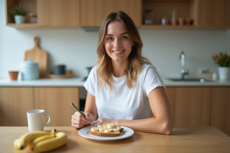Jeune femme mangeant une tartine à la banane dans la cuisine lumineuse