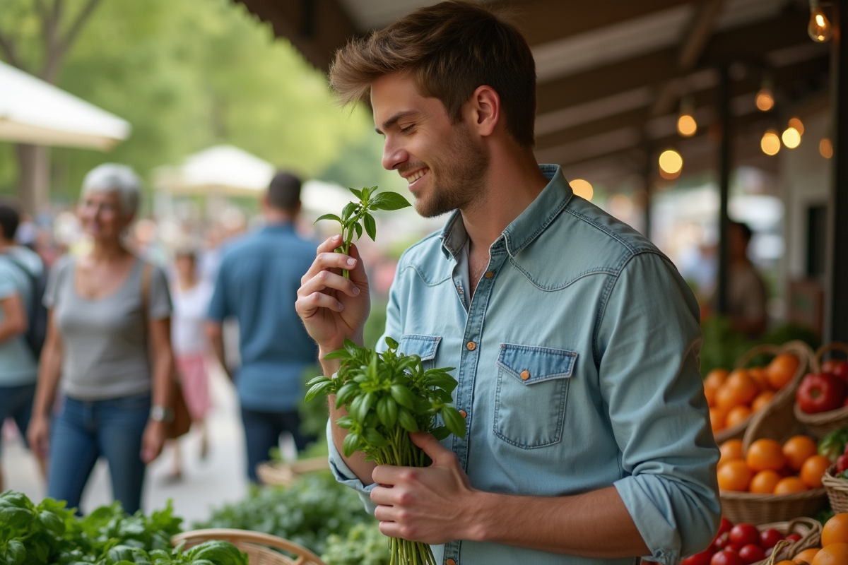 Jeune homme sentant du basilic au marché en plein air