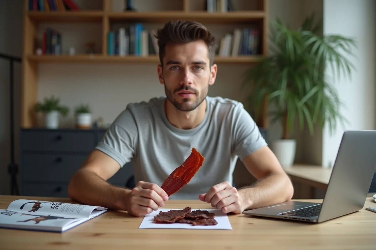 Jeune homme avec viande jerky sur un bureau moderne
