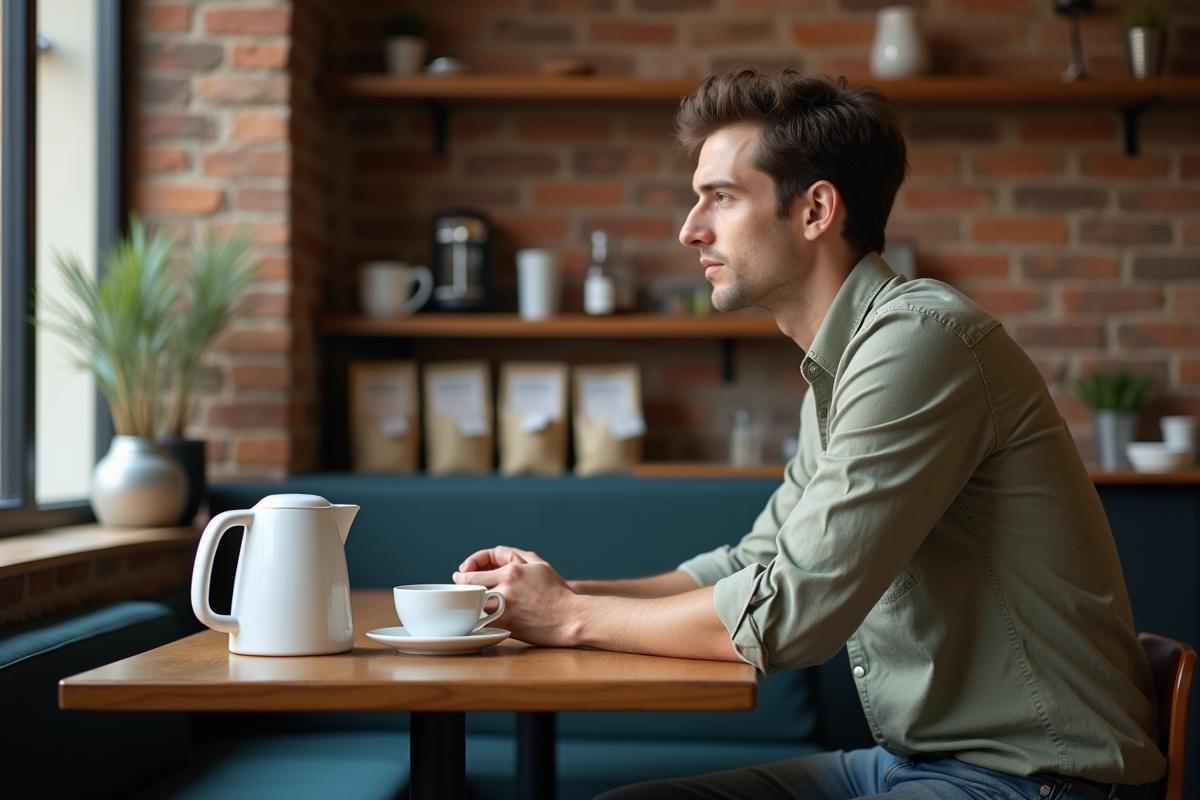 Jeune homme dégustant deux cafés en comparaison