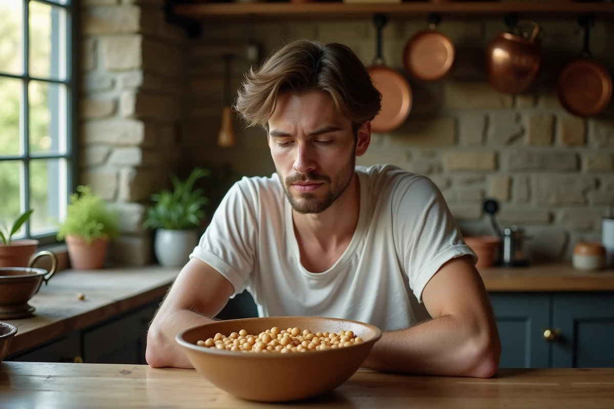 Jeune homme regardant un bol de pois chiches dans une cuisine rustique
