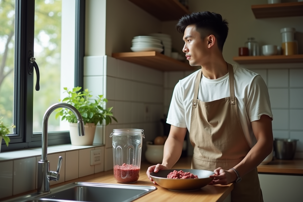 Jeune homme en cuisine avec bol de viande hachee et blender