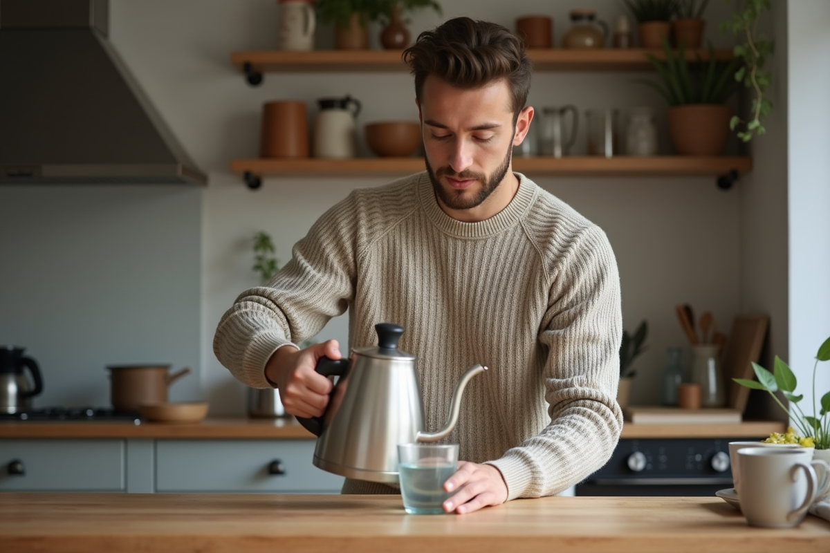 Jeune homme détartrant une bouilloire dans la cuisine