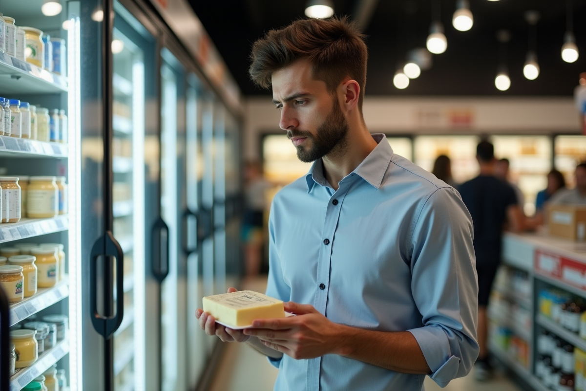 Jeune homme regardant une barquette de beurre en magasin