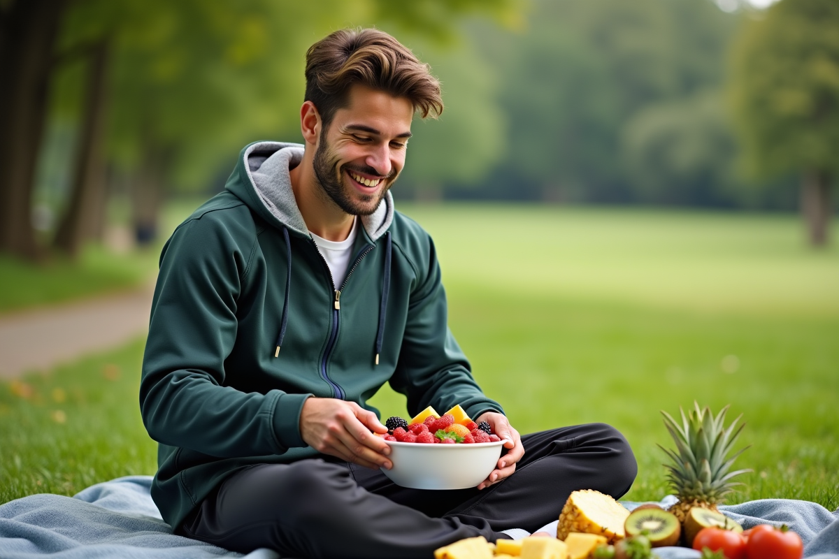 Jeune homme sportif avec bol de fruits dans un parc