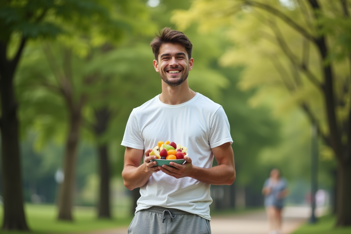 Jeune homme dégustant des fruits dans un parc vert