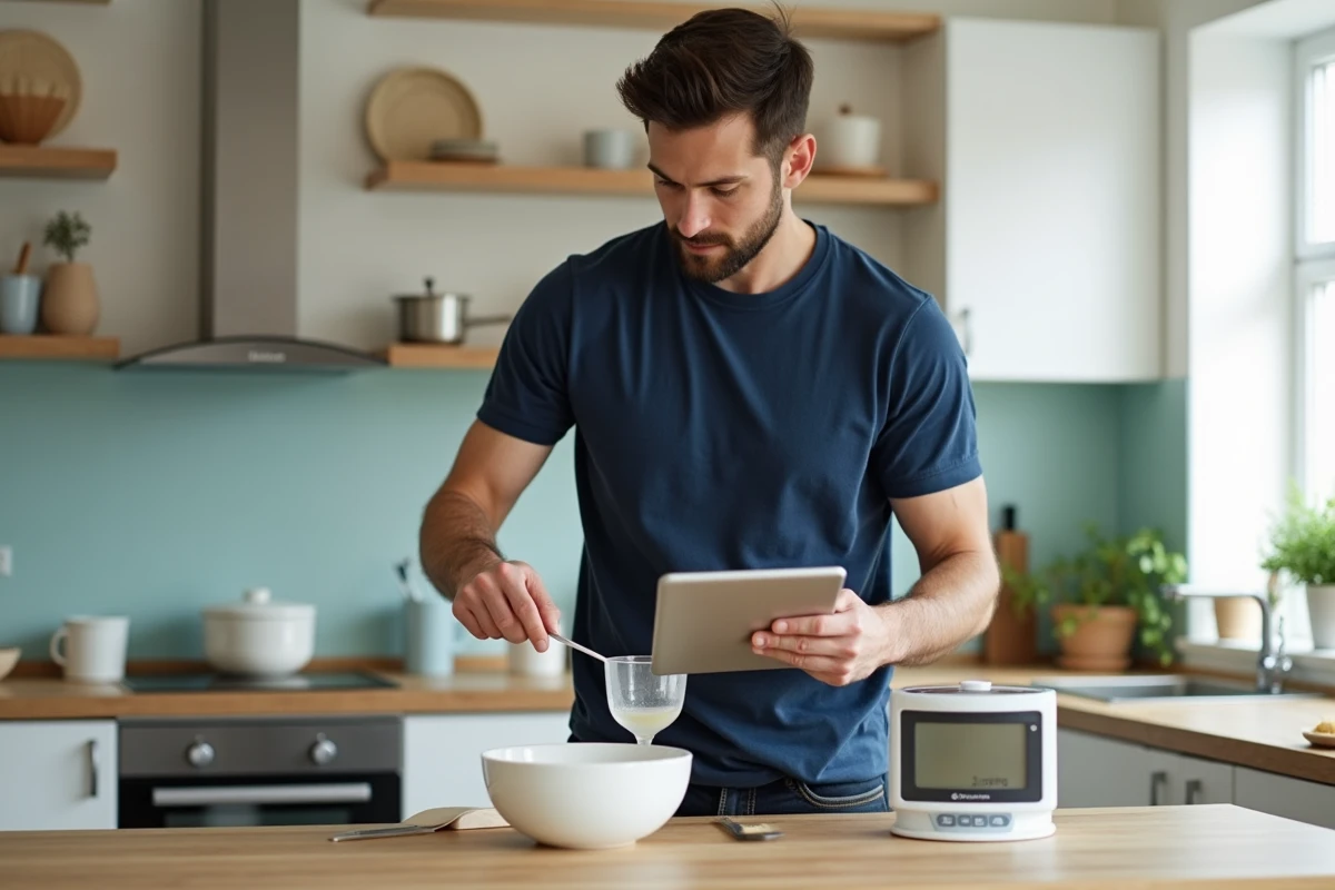 Jeune homme consultant une recette sur tablette tout en mesurant des liquides avec une balance de cuisine pour convertir des grammes en centilitres lors de la préparation d'un gâteau