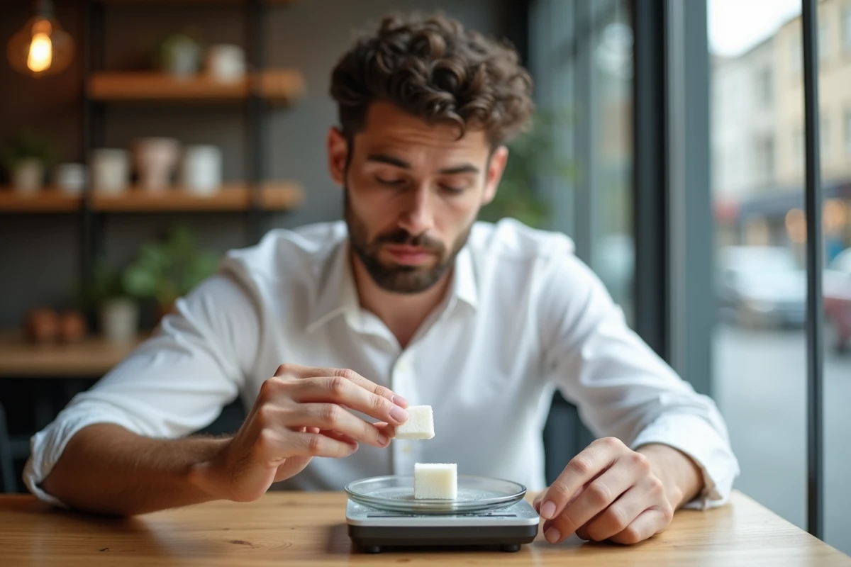 Jeune homme pèse un cube de sucre avec une balance