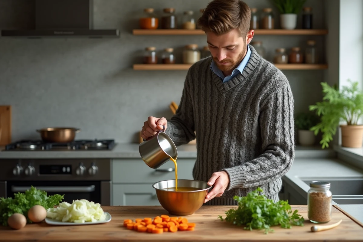 Jeune homme versant du bouillon dans un bol moderne