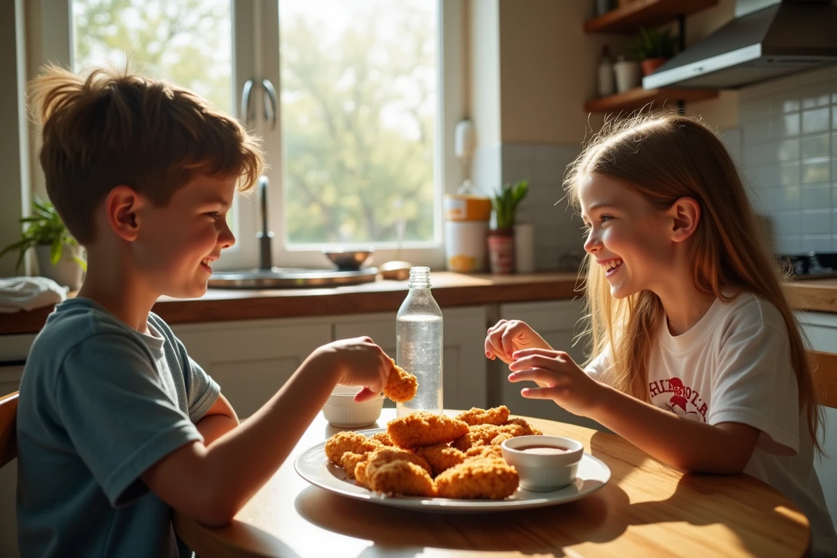 Adolescents partageant des tenders de poulet à la table