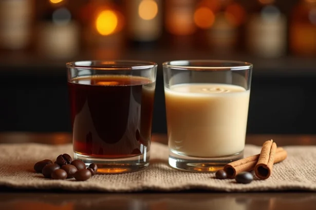 Deux verres contenant du Kahlúa et du Baileys côte à côte sur un comptoir de bar en noyer avec des grains de café