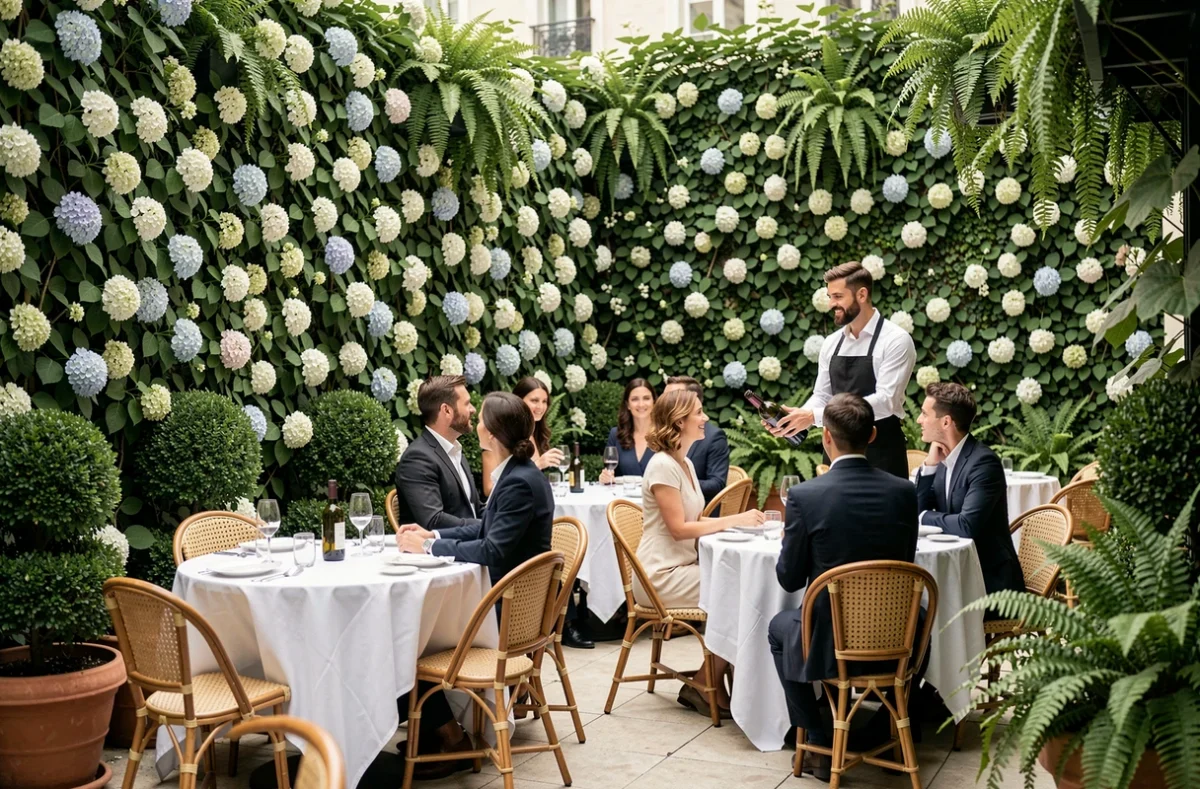 Terrasse verdoyante de La Pagode de Cos dans le 8e arrondissement, entourée de végétation luxuriante et de tables en lin blanc
