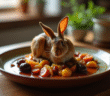 Plat de lapin aux prunes servi dans une assiette en céramique rustique