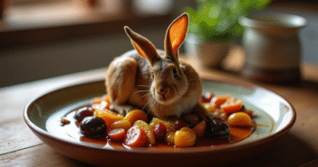 Plat de lapin aux prunes servi dans une assiette en céramique rustique