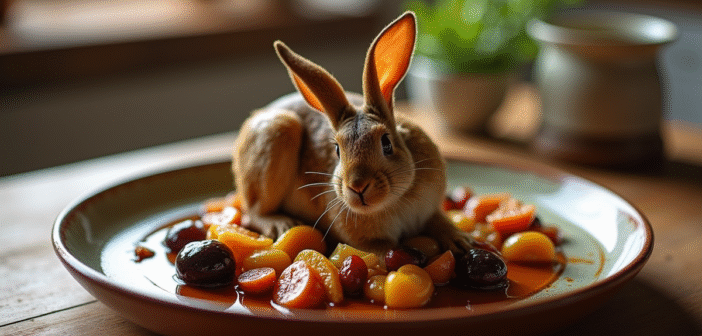 Plat de lapin aux prunes servi dans une assiette en céramique rustique