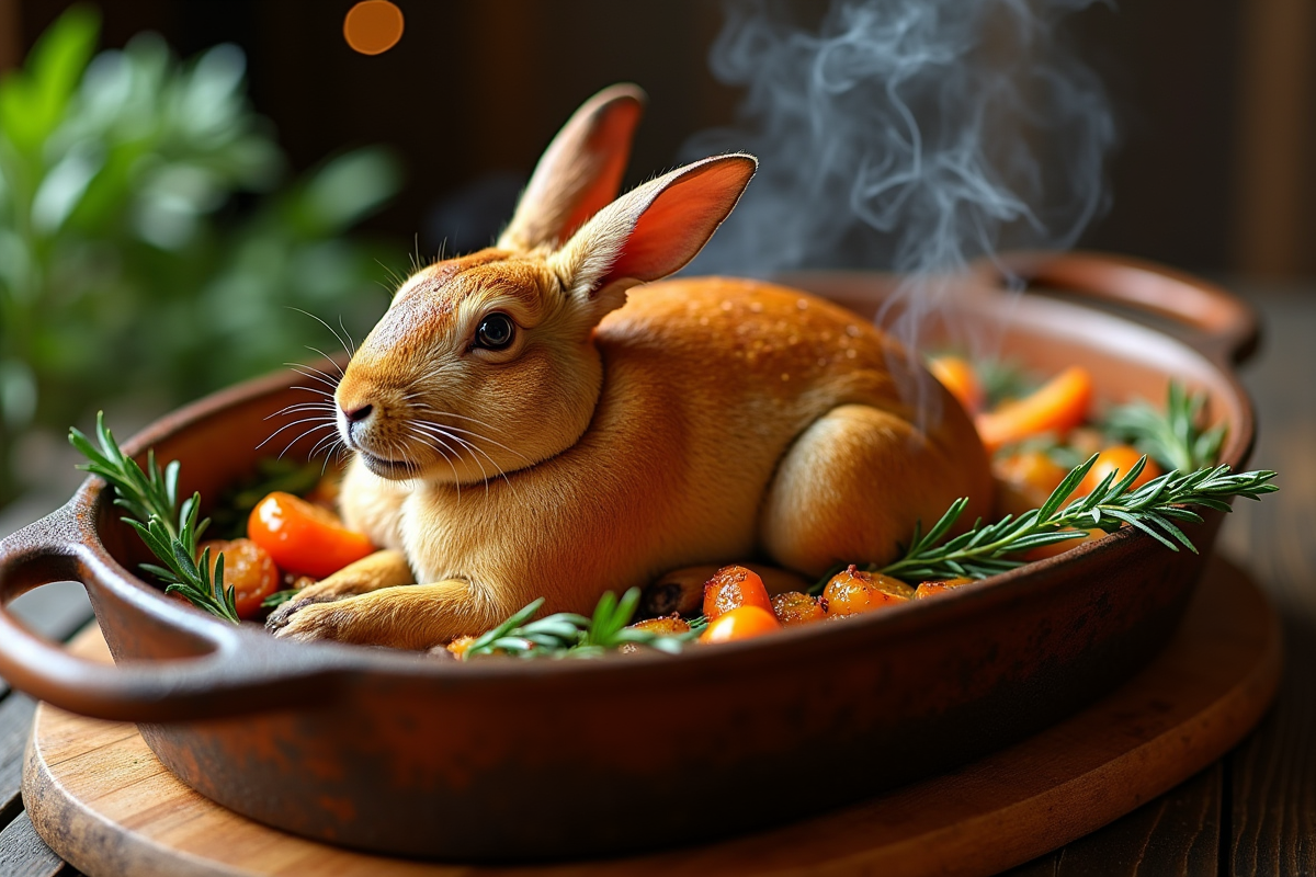 Lapin rôti avec croûte de moutarde dorée présenté dans un plat rustique