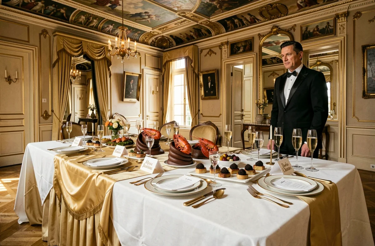Table de réception sur mesure du Carré d'Or Traiteur dans un hôtel particulier parisien avec vaisselle dorée et mets gastronomiques
