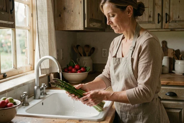 Femme qui lave des asperges fraîches de saison dans une cuisine rustique en avril