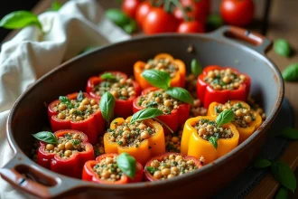 Plat de légumes farcis vegan colorés — poivrons, courgettes et tomates — garnis de quinoa et pois chiches aux herbes, dans un plat en céramique rustique sur une table en bois