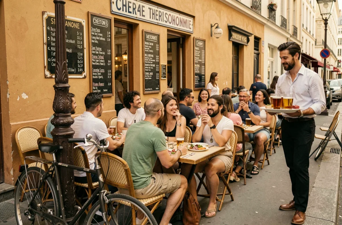 Terrasse décontractée des Pères Siffleurs à Paris avec une ambiance bistronomique animée, amis attablés et ardoises de spécialités