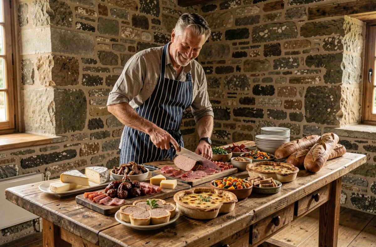 Traiteur Les Pieds sous la Table présentant une table de terroir rustique avec charcuteries et fromages dans un domaine en pierre