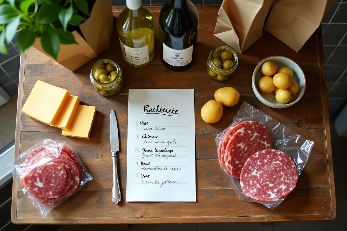Liste de courses raclette 10 personnes avec ingrédients étalés sur un comptoir de cuisine en bois