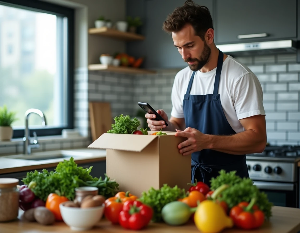 Homme déballant une livraison de courses à domicile dans une cuisine urbaine, avec des légumes frais et une recette sur smartphone