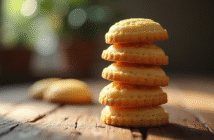 Gros plan sur des madeleines dorées sur une table en bois
