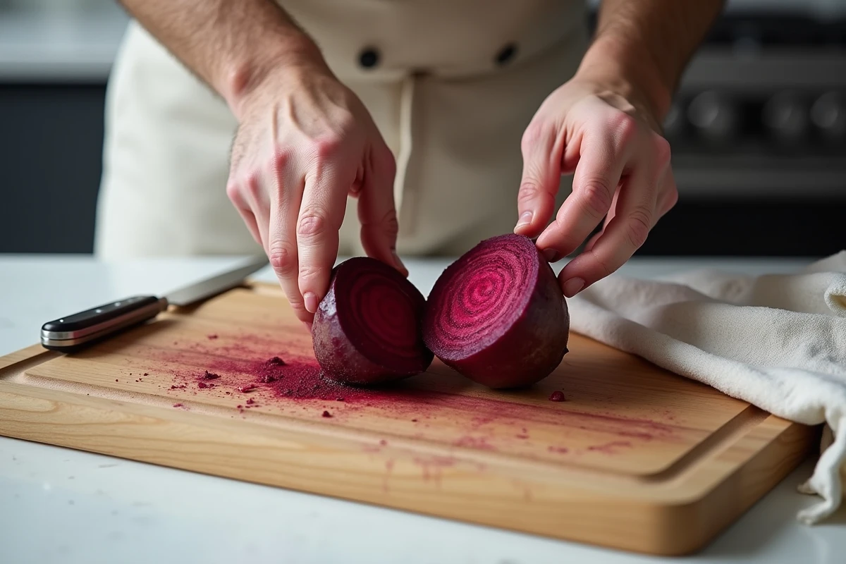 Mains épluchant une betterave rouge crue sur une planche à découper en bois avec un couteau