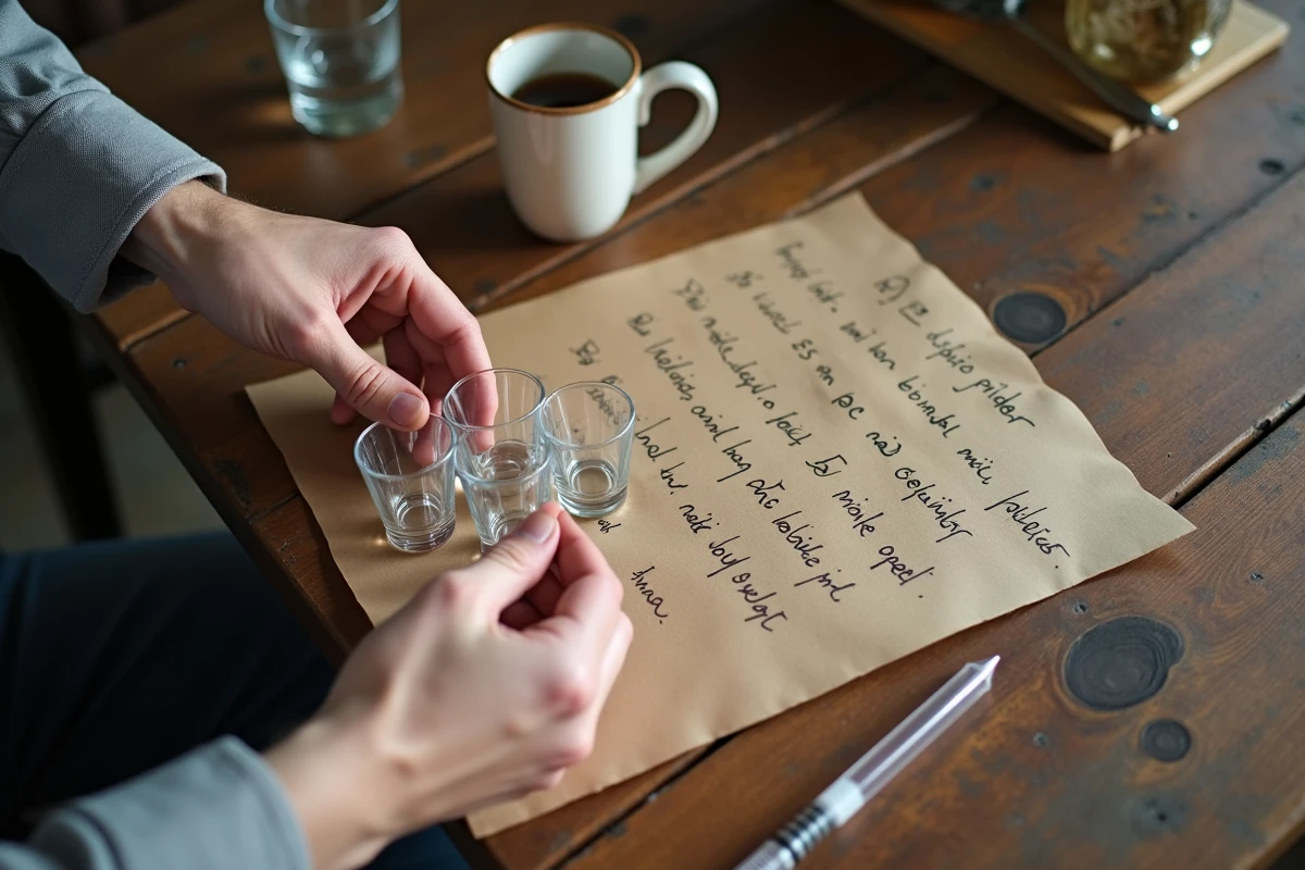 Mains masculines arrangeant des verres doseurs et un tableau de conversion millilitres centilitres sur une table en bois, équivalences mesures liquides