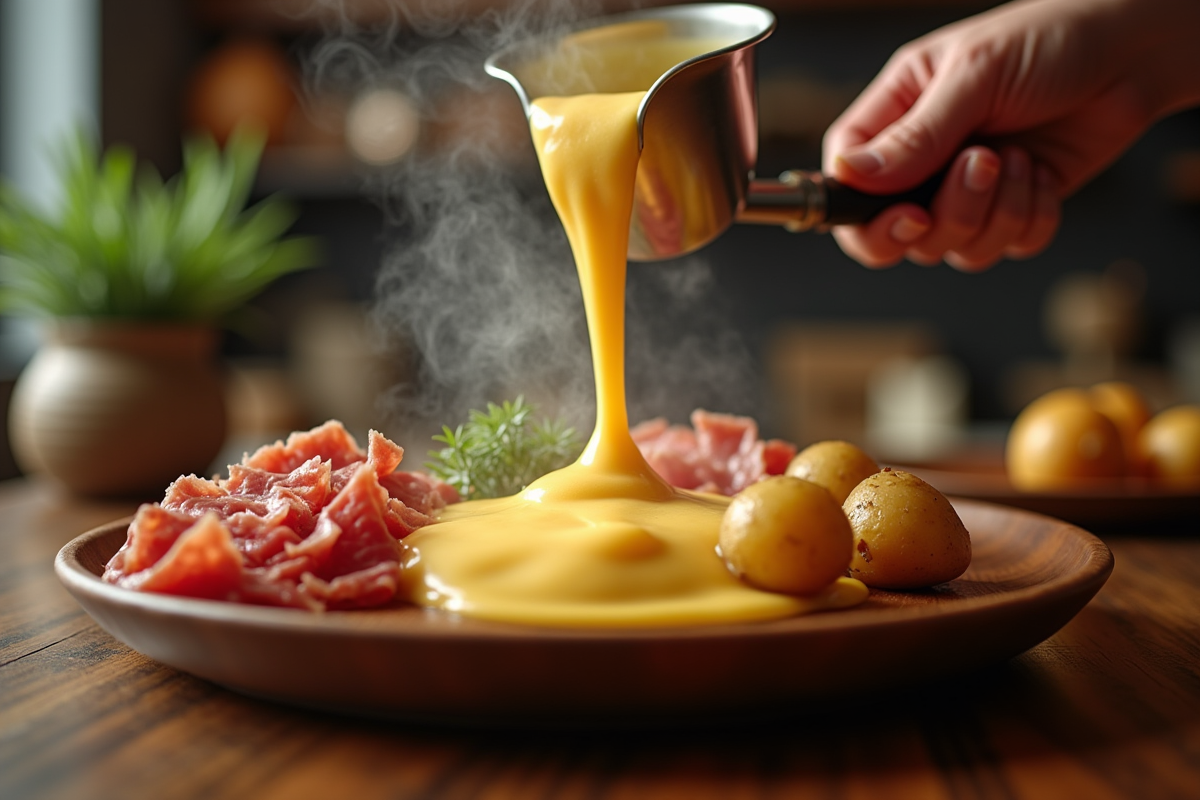 Mains versant fromage raclette fondu sur pommes de terre et charcuterie