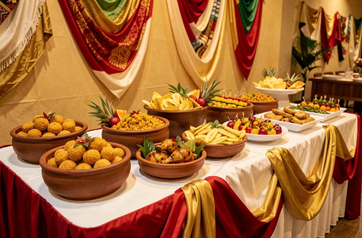 Buffet créole coloré de La Maison Créole avec accras de morue, colombo de poulet et brochettes de fruits tropicaux dans une salle décorée de couleurs antillaises