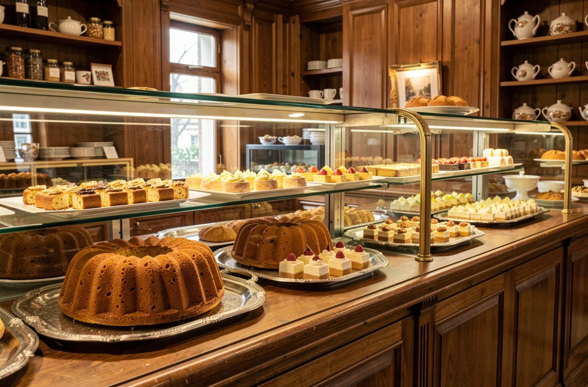 Comptoir de la Maison Kammerer avec kougelhopf artisanal, foie gras en gelée et petit-fours sur plateaux en argent ancien dans une boutique traditionnelle alsacienne