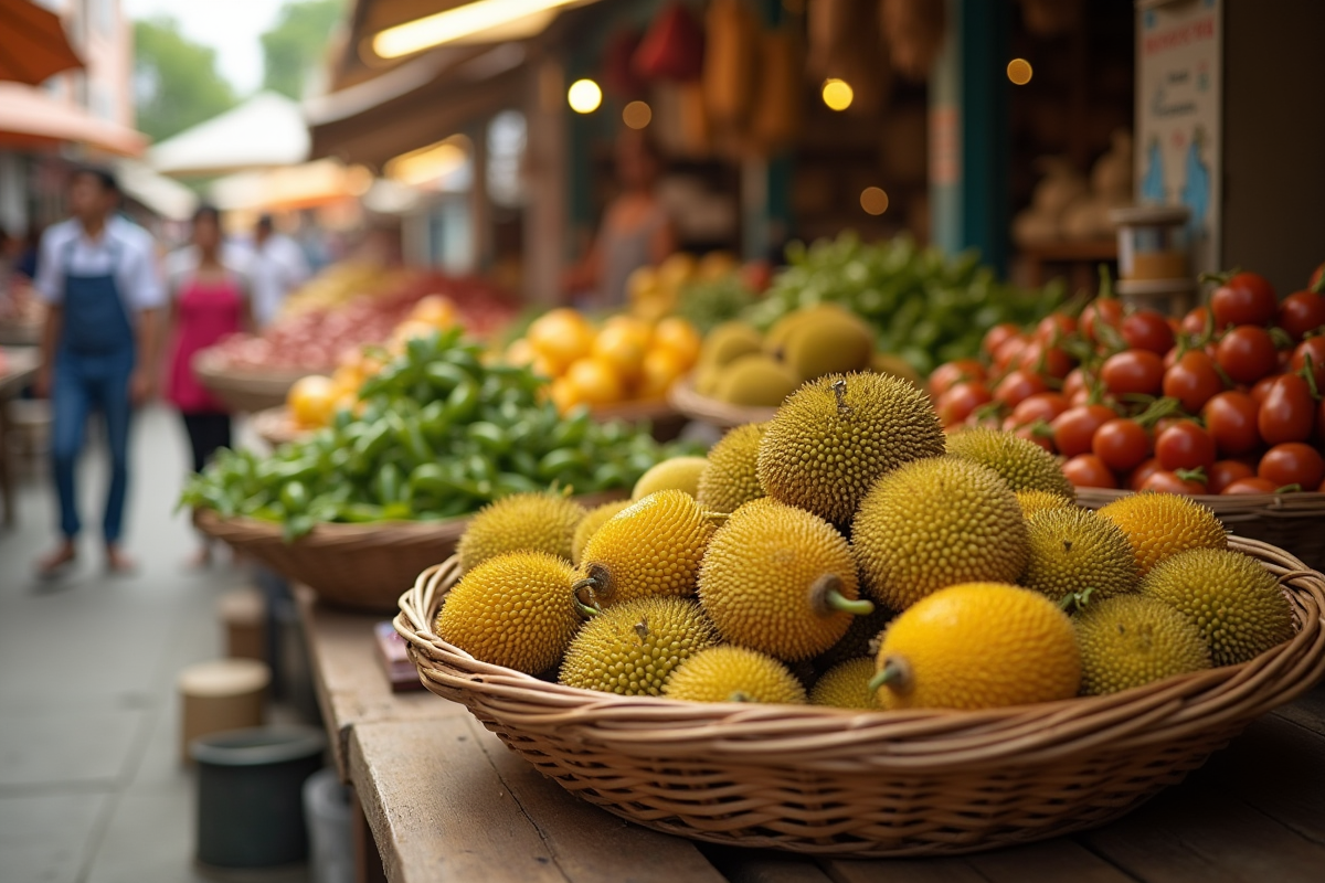 Marché avec paniers de jackfruit et jujubes sur une table en bois