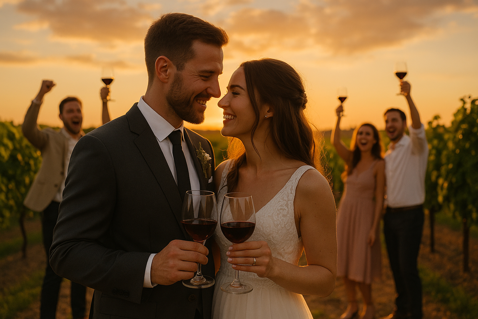 Jeune couple marié dans un vignoble au coucher du soleil