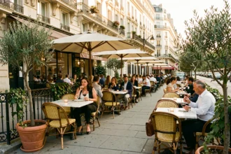 Vue d'ensemble d'une terrasse parisienne animée avec des restaurants en plein air, des chaises en osier et des parasols sur un large boulevard haussmannien