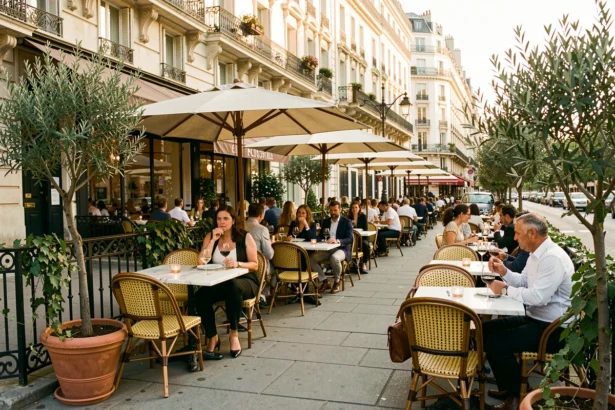 Vue d'ensemble d'une terrasse parisienne animée avec des restaurants en plein air, des chaises en osier et des parasols sur un large boulevard haussmannien