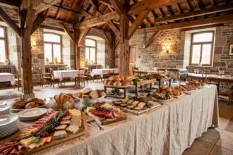 Grand buffet de traiteur dressé dans une salle de réception alsacienne avec charcuteries, terrines et pains artisanaux, illustrant le top 10 des meilleurs traiteurs du Grand Est