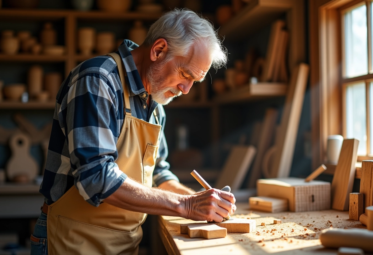 Homme âgé sculpte du bois dans son atelier lumineux