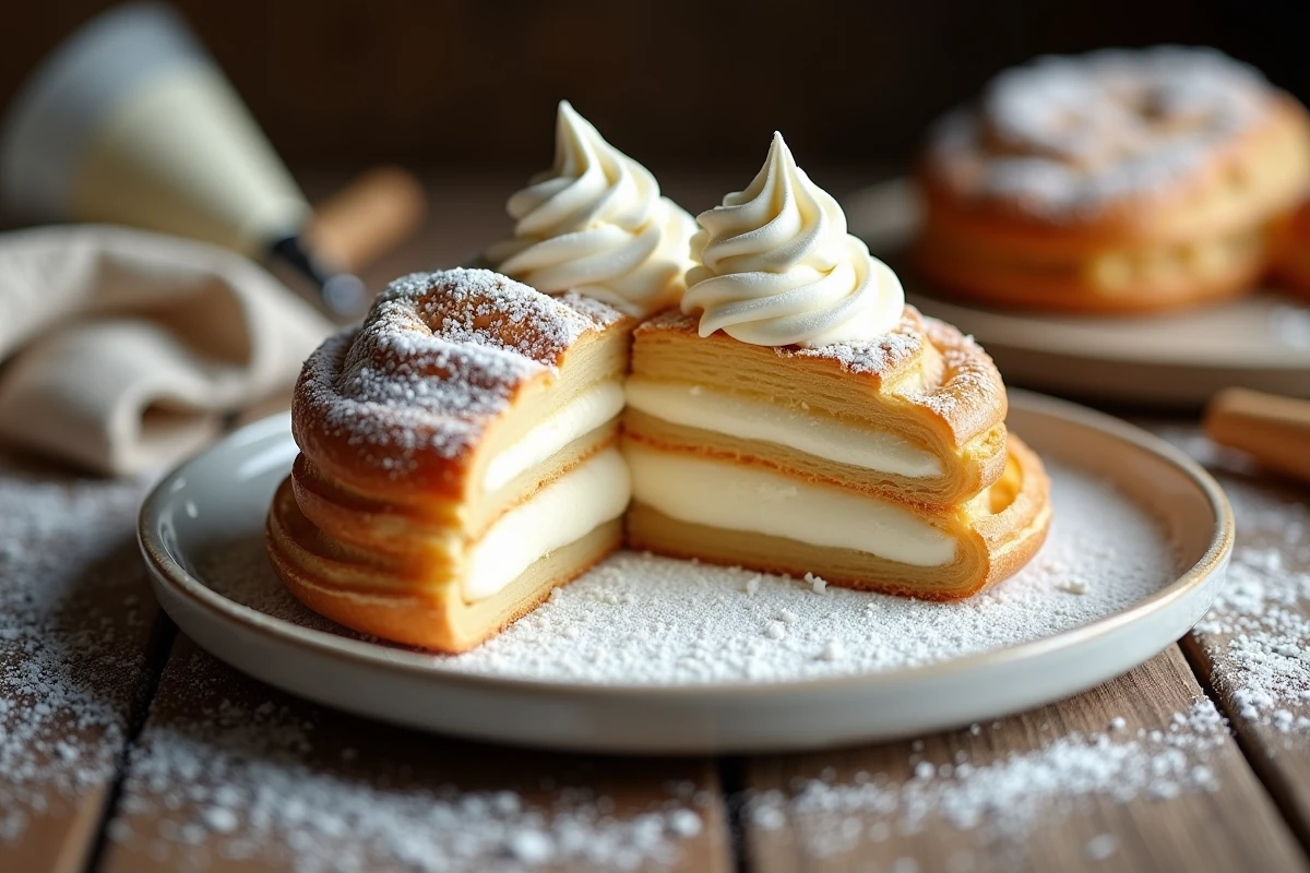 Mille-feuille tranché révélant des couches de crème diplomate aérienne et de pâte feuilletée dorée sur une table en bois rustique de pâtisserie