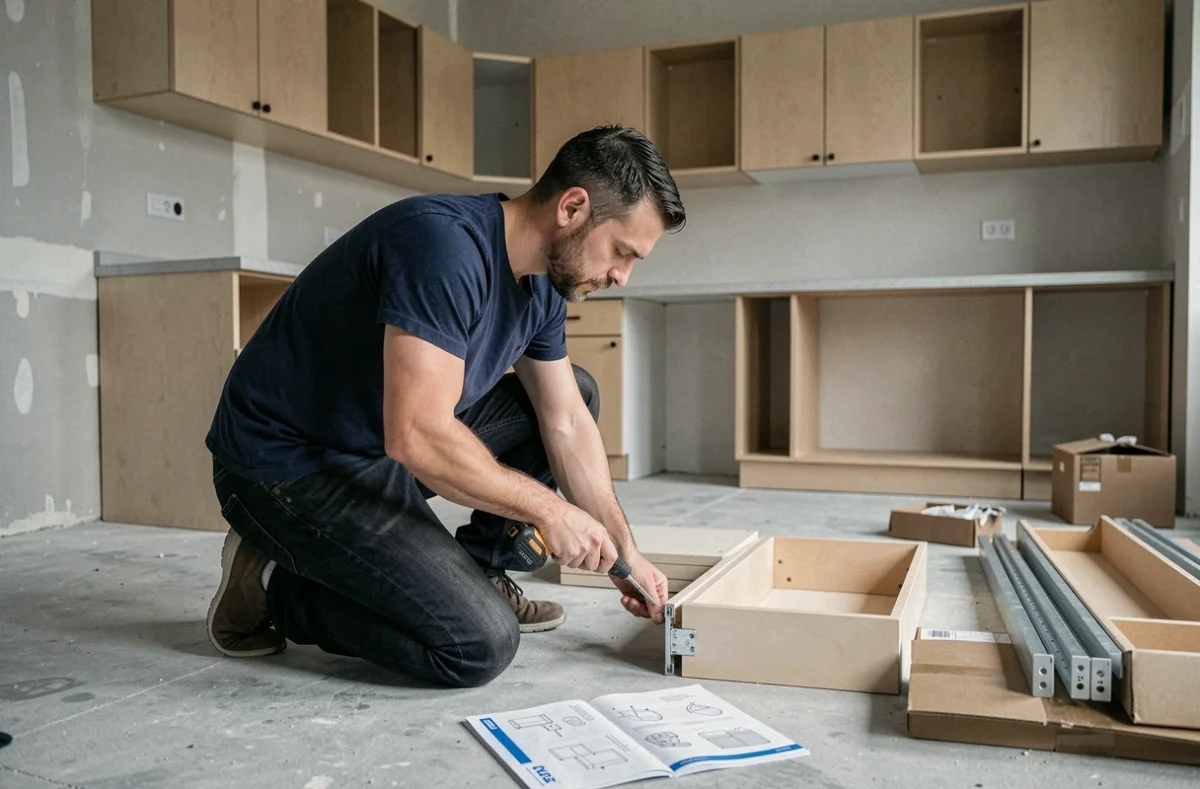 Homme assemblant un meuble bas Ikea pendant l'installation d'une cuisine en cours de rénovation