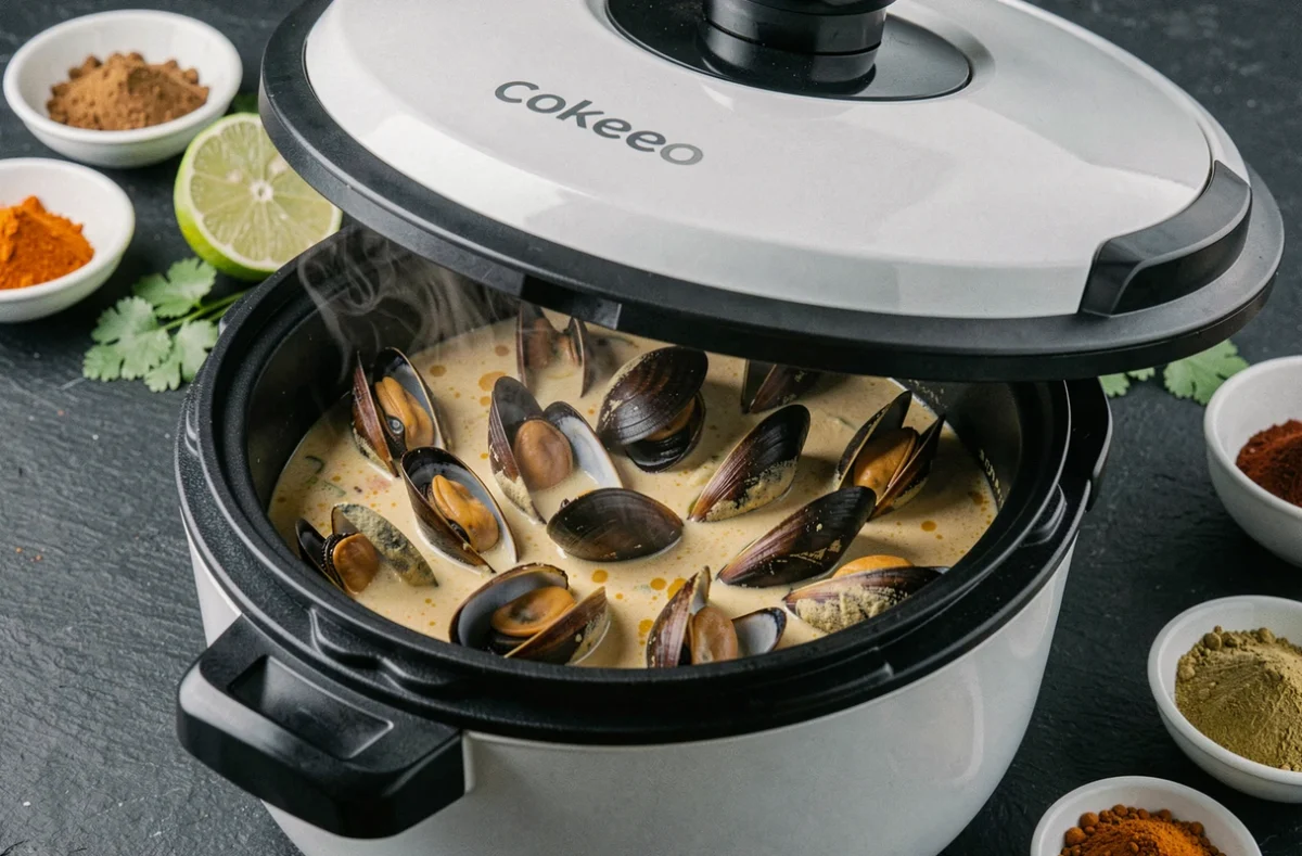 Moules au Cookeo dans un bouillon crémeux au lait de coco et curry, alternative savoureuse sans vin blanc avec coriandre et citron vert