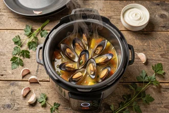 Bol de moules cuites au Cookeo avec bouillon doré sans vin blanc, persil frais et crème fraîche sur table en bois rustique