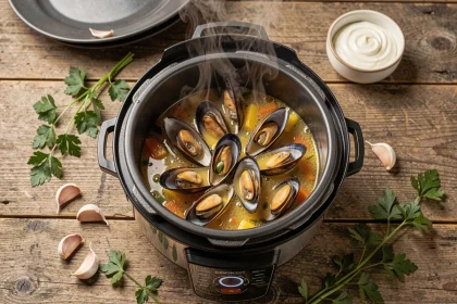 Bol de moules cuites au Cookeo avec bouillon doré sans vin blanc, persil frais et crème fraîche sur table en bois rustique