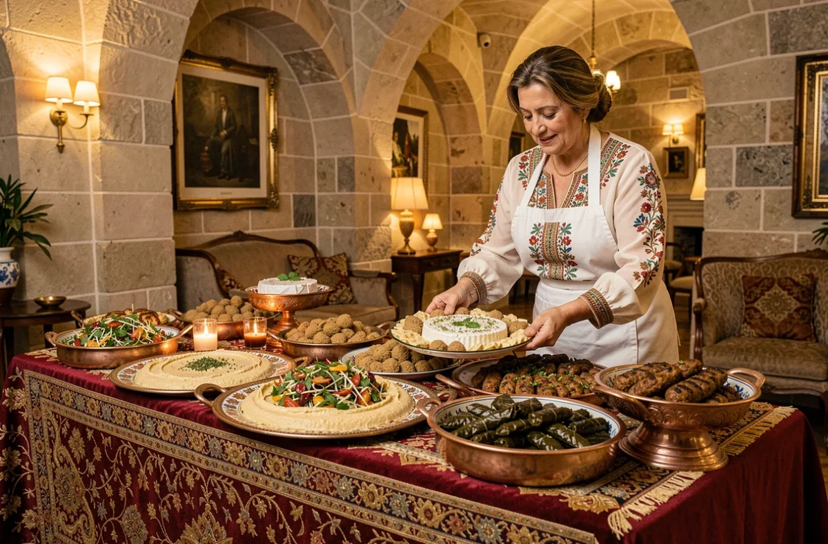 Buffet libanais gastronomique de Noura Traiteur avec mezzés, labneh et kefta dans un cadre événementiel parisien