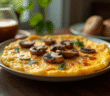 Omelette aux girolles servie sur une table en bois