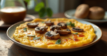 Omelette aux girolles servie sur une table en bois